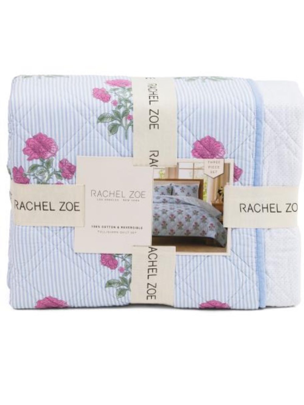 Rachel Zoe Light Blue Quilt Set with Pink Floral Motif
